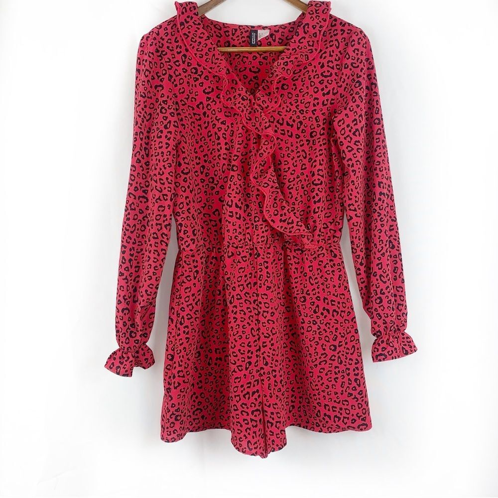 H&M Red Leopard Print Ruffle Trim Romper Long Sleeve, Size 8